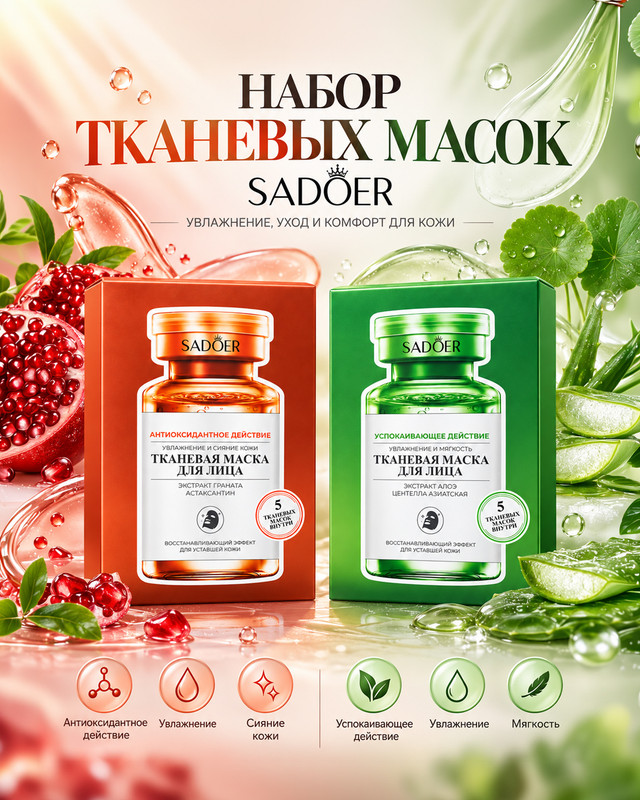 Маска тканевая для лица, SADOER, 5x25 г, в ассортименте