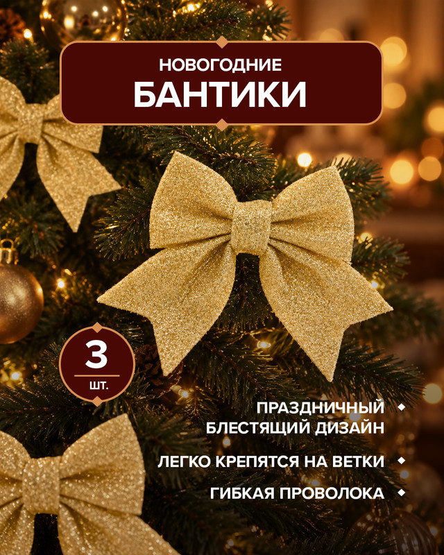 Бантики новогодние, Снежное кружево, 3 шт., в ассортименте
