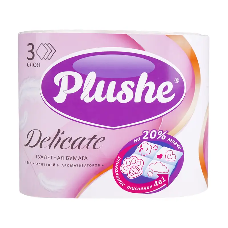 Туалетная бумага, Plushe Delicate, 3 слоя, 4 рулона