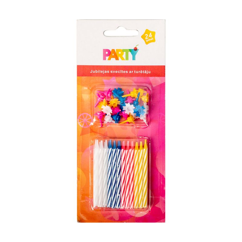 Набор свечей для торта с подставками, Party, 24 шт., в ассортименте
