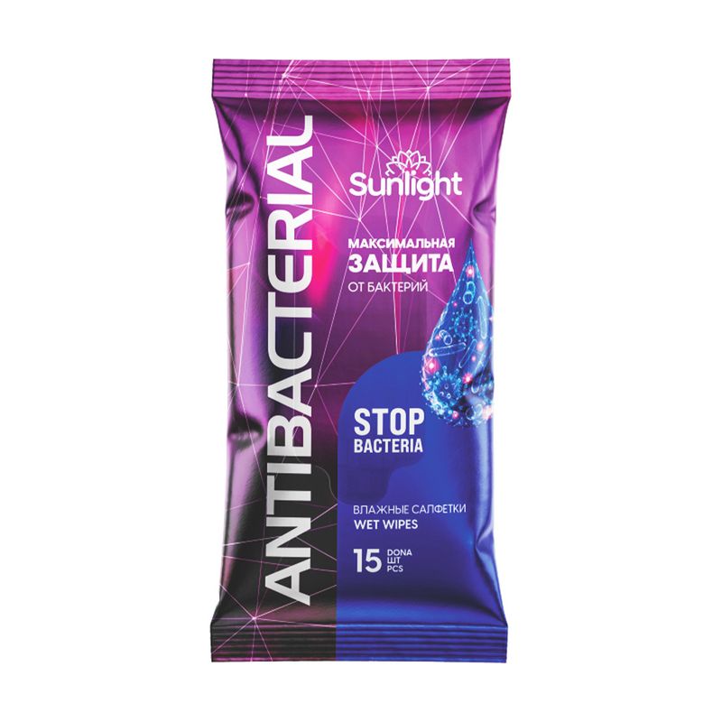 Влажные салфетки "Antibacterial", Sunlight, 15 шт., в ассортименте