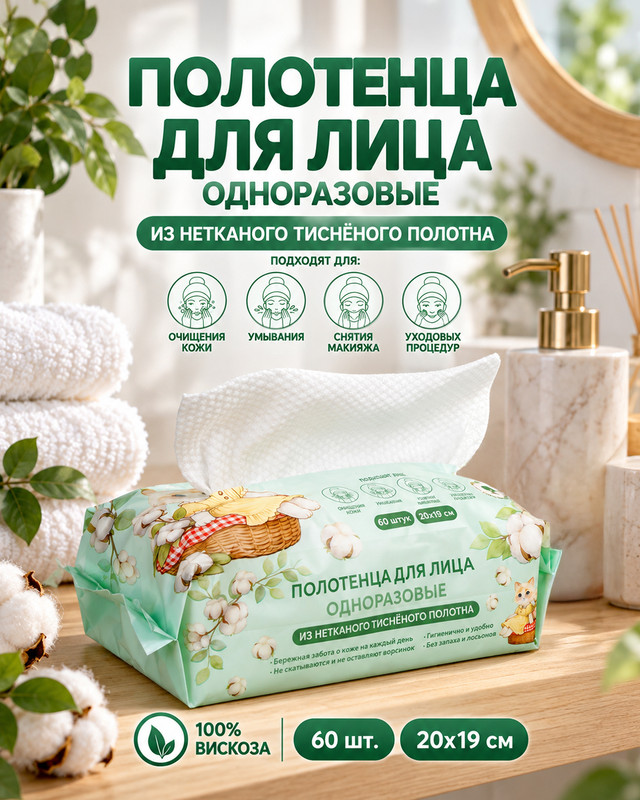 Полотенца для лица одноразовые, 20x19 см, 60 шт.