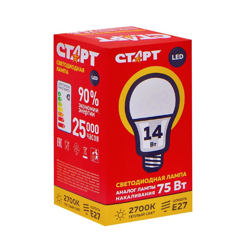 Лампа светодиодная, Старт, ECO LED, E27, в ассортименте