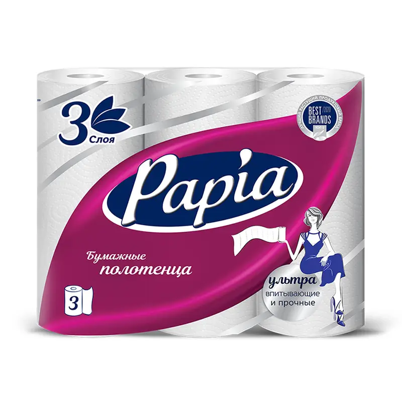 Бумажные полотенца, Papia, 3 слоя, 3 рулона