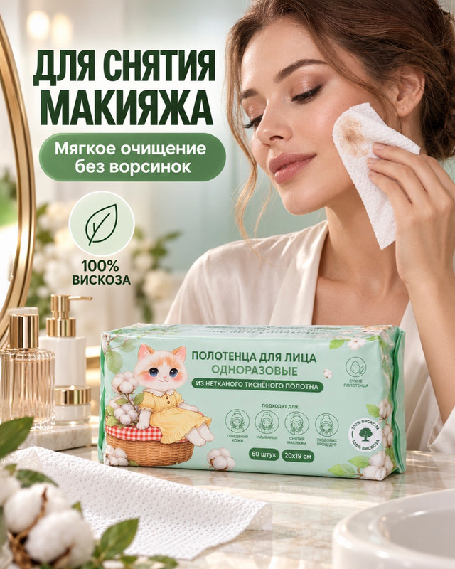 Полотенца для лица одноразовые, 20x19 см, 60 шт.