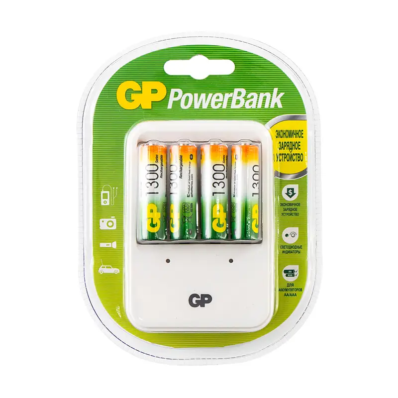 Зарядное устройство "GP PowerBank" + 4 аккумуляторные батарейки АА 1300 мАч
