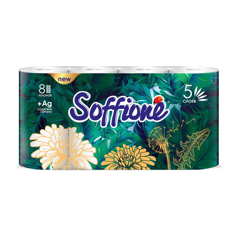 Туалетная бумага, Soffione, 5 слоёв, 8 рулонов