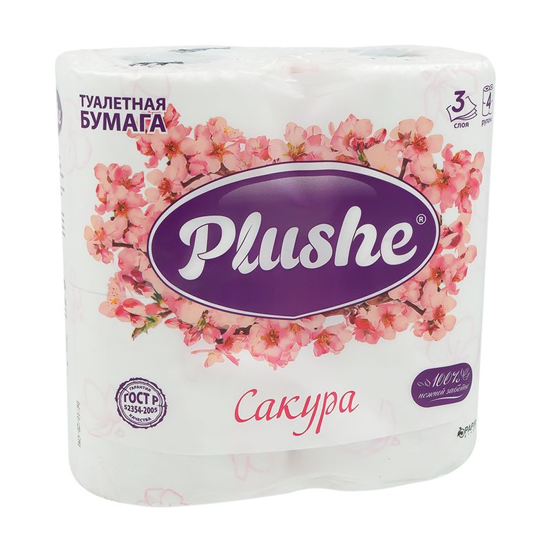 Туалетная бумага, Plushe, трехслойная, 4 рулона, в ассортименте