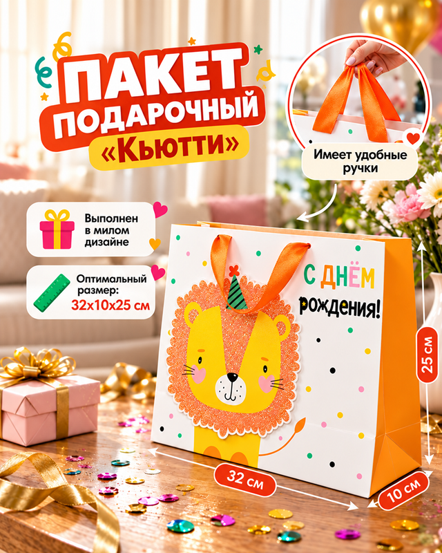 Пакет подарочный "Кьютти", PARTY, 32х10х25 см, в ассортименте