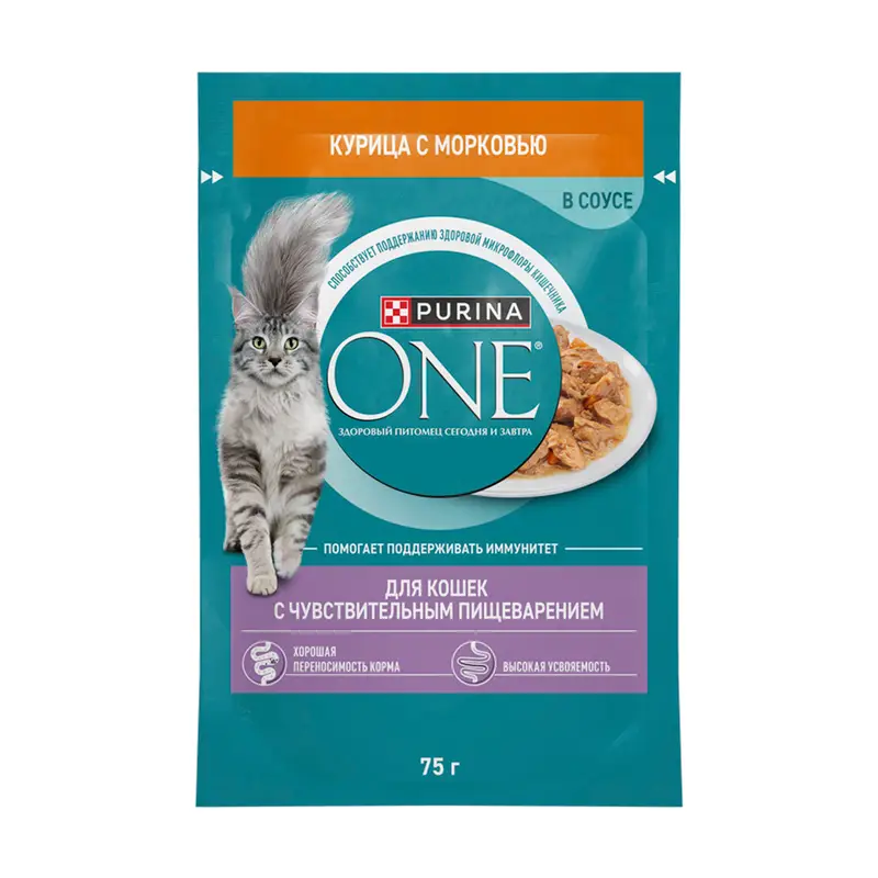 Влажный корм для взрослых кошек для чувствительного пищеварения, PURINA ONE, курица/морковь, 75 г
