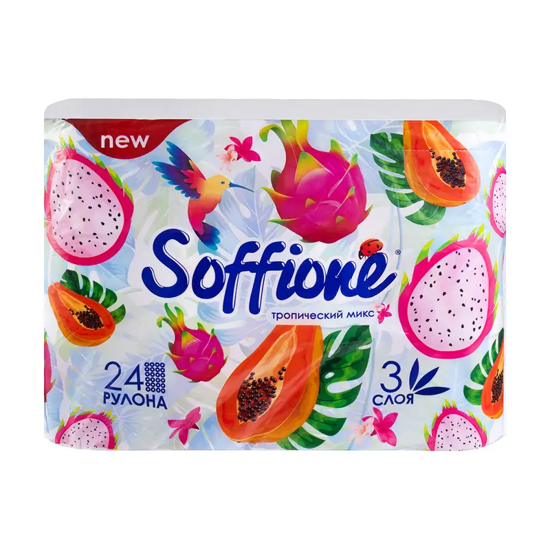 Туалетная бумага "Тропический микс", Soffione, 3 слоя, 24 рулона