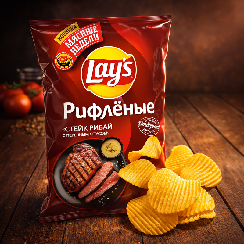 Чипсы "Стейк Рибай с перечным соусом", Lay's, рифлёные, 140 г
