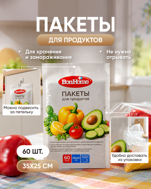 Пакеты для продуктов, BonHome, 35x25 см, 60 шт., в ассортименте