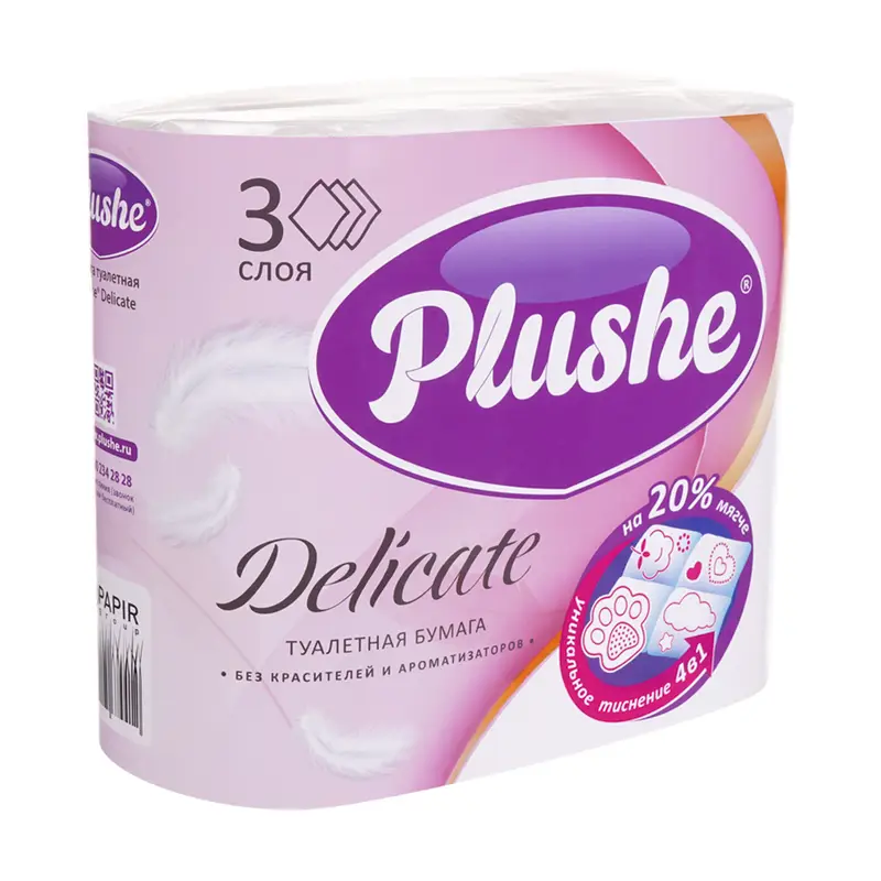 Туалетная бумага, Plushe Delicate, 3 слоя, 4 рулона