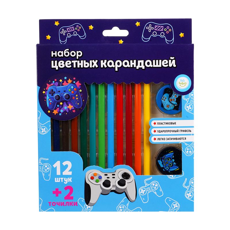 Набор цветных карандашей, Kid's Fantasy, 12 шт. + 2 точилки, в ассортименте
