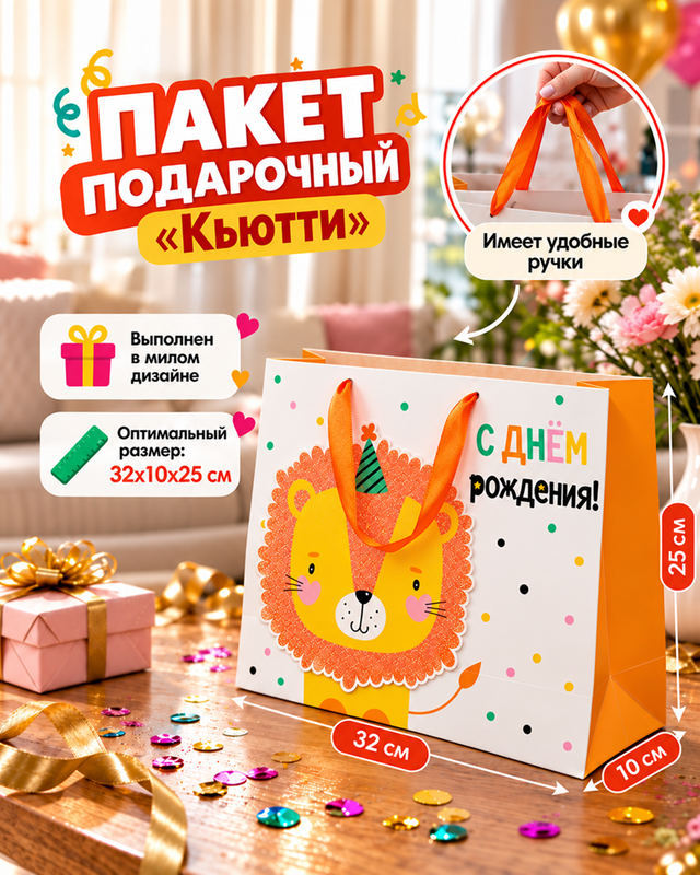Пакет подарочный "Кьютти", PARTY, 32х10х25 см, в ассортименте