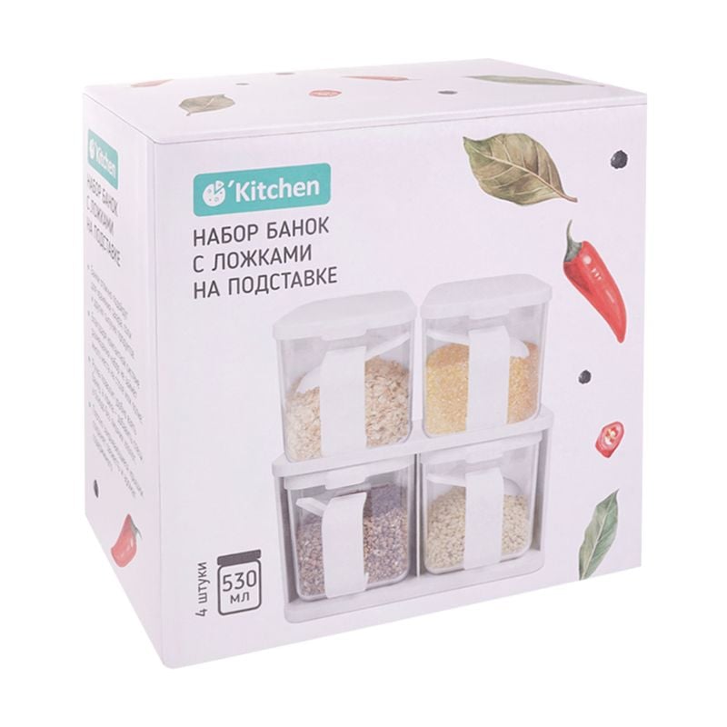 Набор банок с ложками на подставке, O'Kitchen, 4 шт., в ассортименте