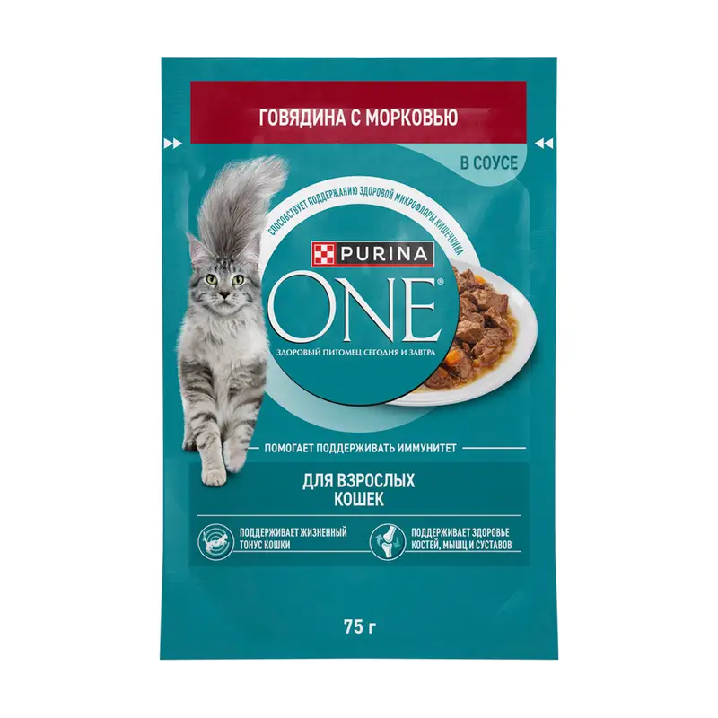 Влажный корм для взрослых кошек, PURINA ONE, с говядиной и морковью, 75 г