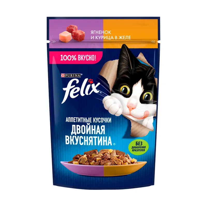 Влажный корм для кошек "Двойная вкуснятина", FELIX, с ягненком и курицей в желе, 75 г