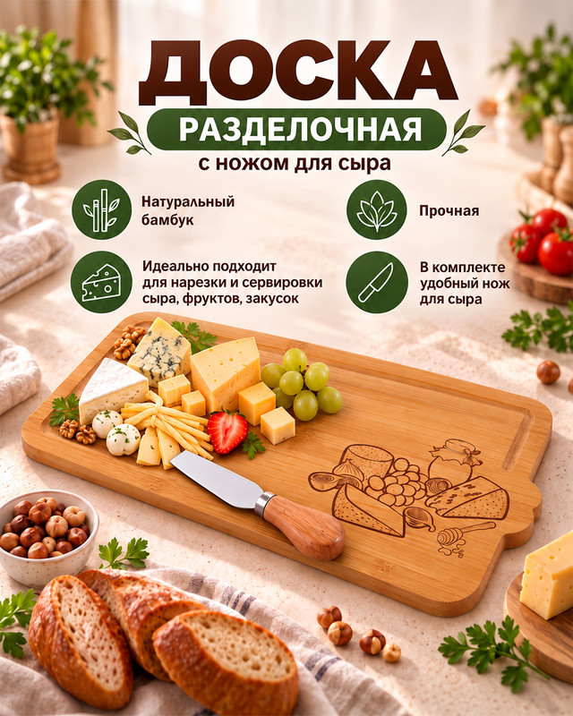 Доска разделочная, O'Kitchen, 31,5х15 см, с ножом для сыра, 12,5 см, в ассортименте