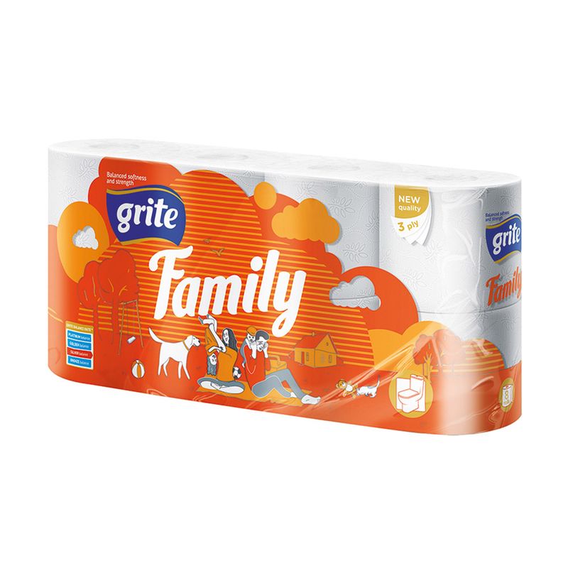 Туалетная бумага, Grite Family, 3 сл., 8 рулонов