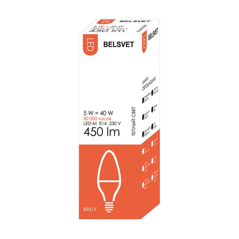 Лампа светодиодная, BELSVET, Е14, C37, 5 W