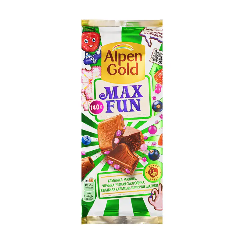 Шоколад молочный "MAX FUN", Alpen Gold, 140 г, в ассортименте