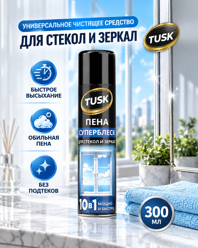 Чистящее средство для стёкол и зеркал "Пена-суперблеск", Tusk, 300 мл