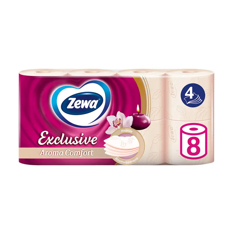 Туалетная бумага "Exclusive", Zewa, 4 слоя, 8 рулонов