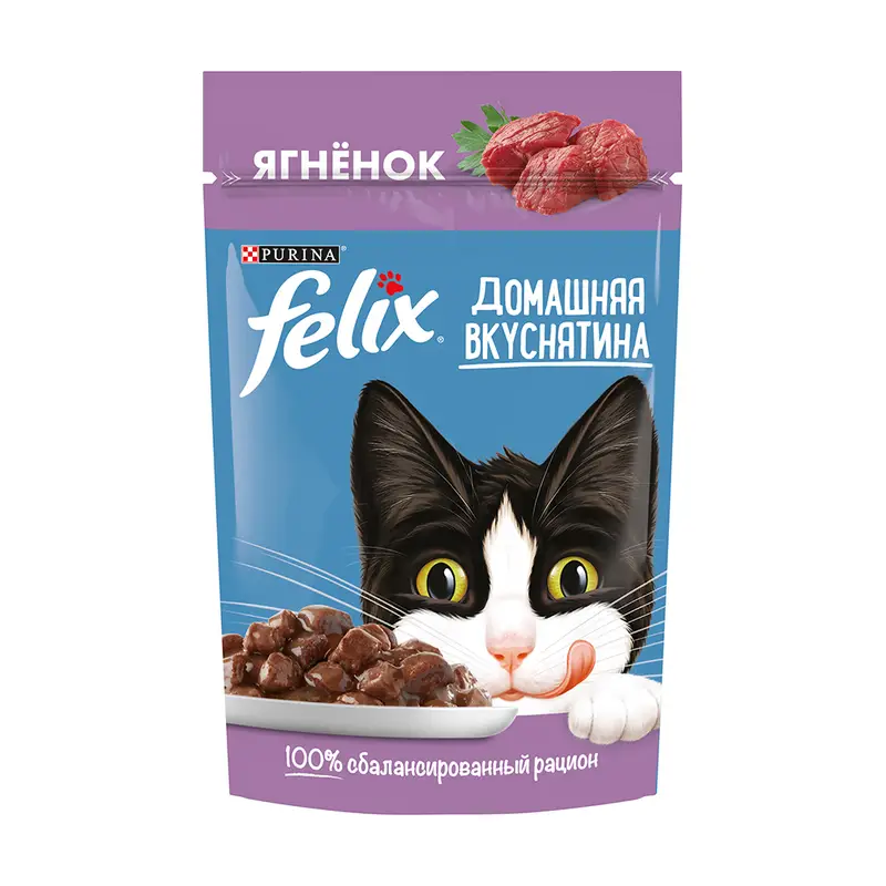 Влажный корм для взрослых кошек "Домашняя вкуснятина", FELIX, с ягнёнком, 75 г