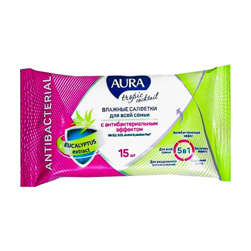 Влажные салфетки c антибактериальным эффектом, AURA, 15 шт., в ассортименте