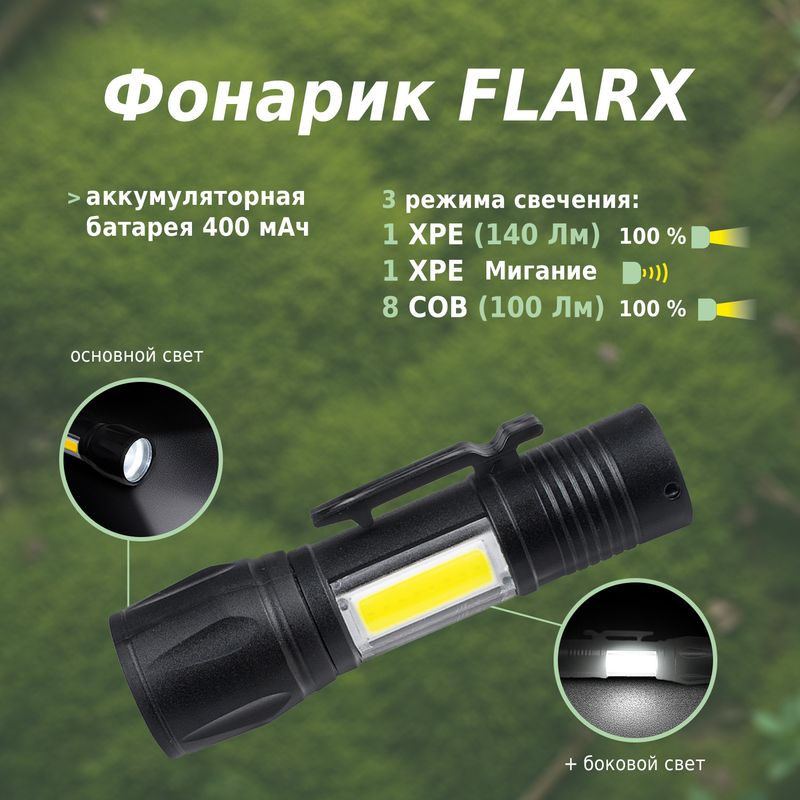 Фонарь светодиодный аккумуляторный в кейсе с кабелем USB, FLARX