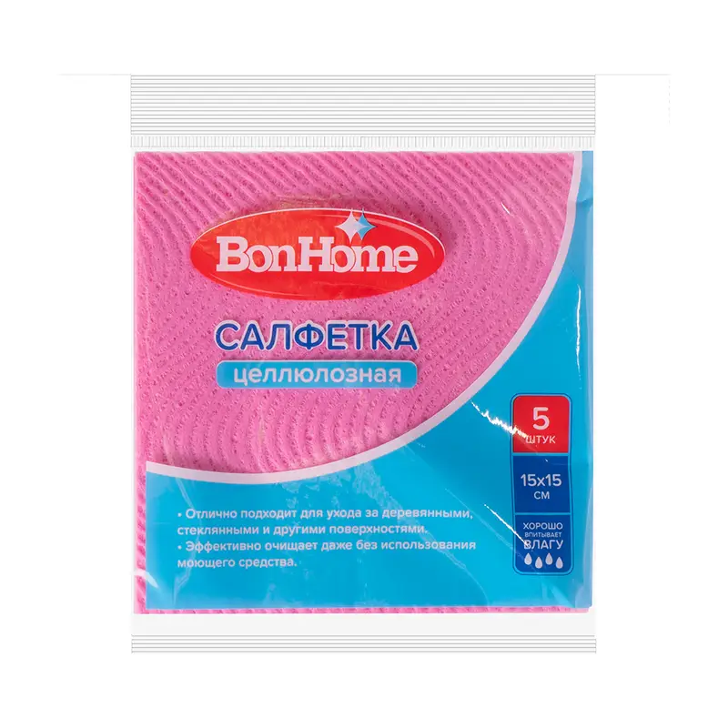 Салфетка целлюлозная, BonHome, 15х15 см, 5 шт., в ассортименте