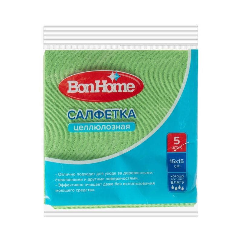 Салфетка целлюлозная, BonHome, 15х15 см, 5 шт., в ассортименте