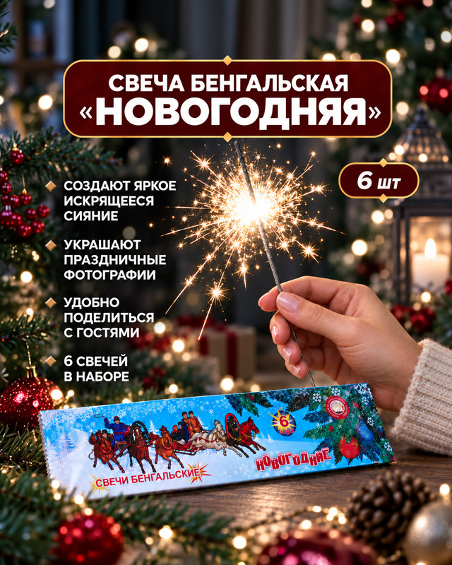 Свечи бенгальские "Новогодние", 210 мм, 6 шт.