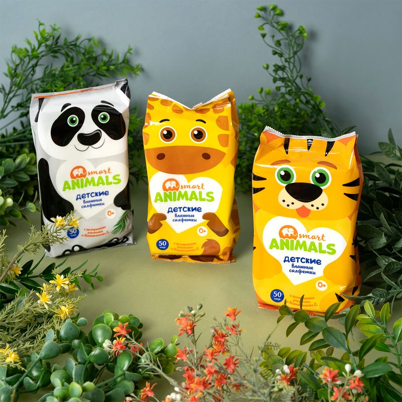 Салфетки влажные детские "Animals ", Smart, 50 шт., в ассортименте