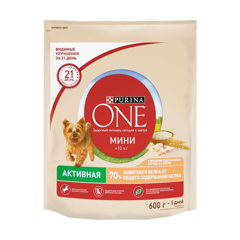 Сухой корм для активных собак, Purina One, курица с рисом, 600 г