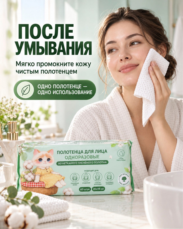 Полотенца для лица одноразовые, 20x19 см, 60 шт.