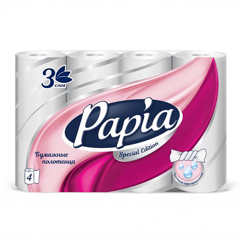Бумажные полотенца, Papia, 3 слоя, 4 рулона, в ассортименте