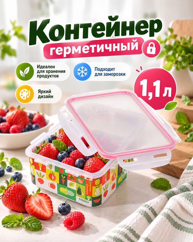 Контейнер герметичный, HITT, 1,1 л, в ассортименте