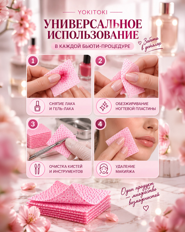 Салфетки безворсовые, YOKITOKI, 200 шт., в ассортименте