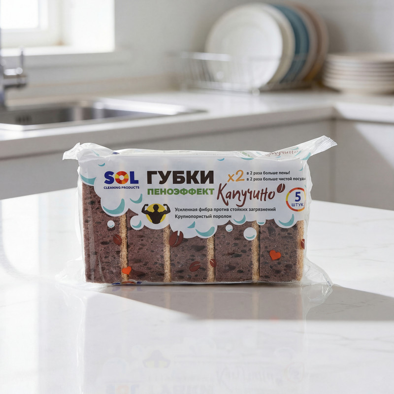 Губки для мытья посуды "Пеноэффект", SOL, 5 шт., в ассортименте