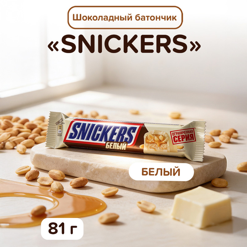 Шоколадный батончик, Snickers, белый шоколад, 81 г