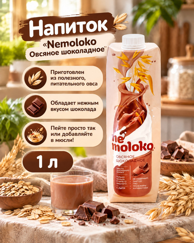 Напиток, Nemoloko, овсяное шоколадное, лайт, 1 л