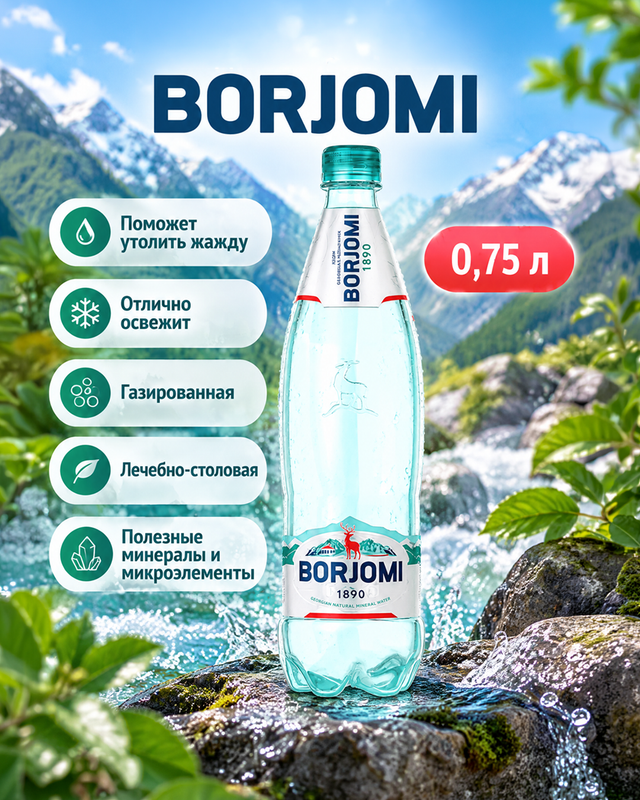 Вода минеральная, BORJOMI, газированная, 0,75 л