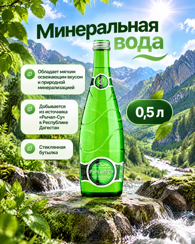 Вода минеральная, РычалСу, 0,5 л, в стеклянной бутылке