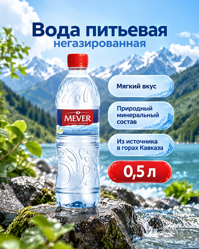 Вода питьевая негазированная, Мевер, 0,5 л, ПЭТ
