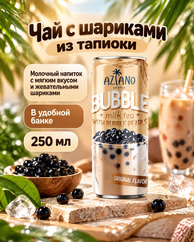 Чай с шариками из тапиоки, Bubble Tea, 250 мл, в ассортименте