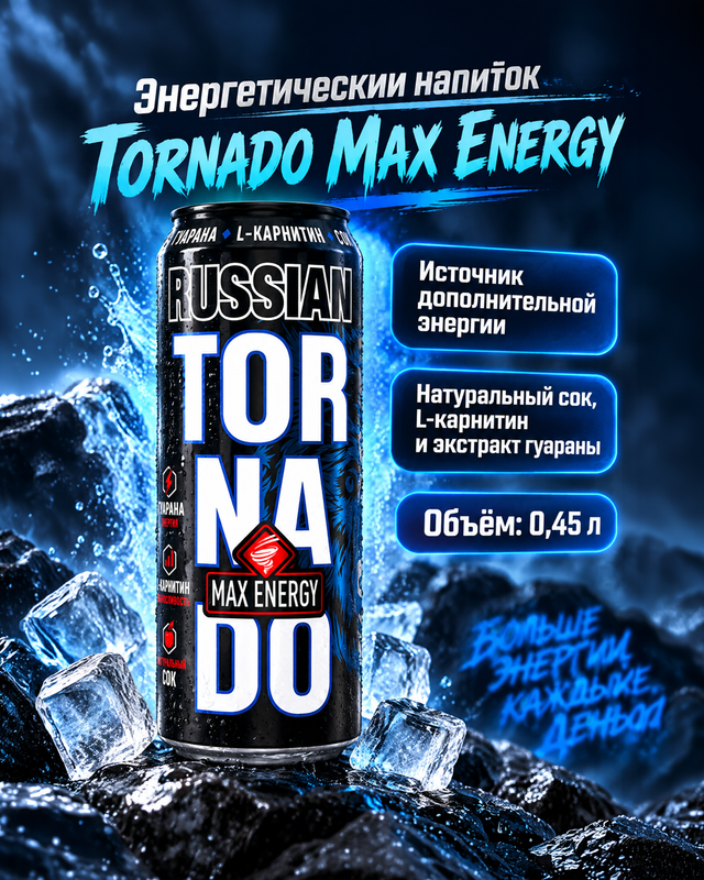 Напиток энергетический "Russian", Tornado Max Energy, 0,45 л