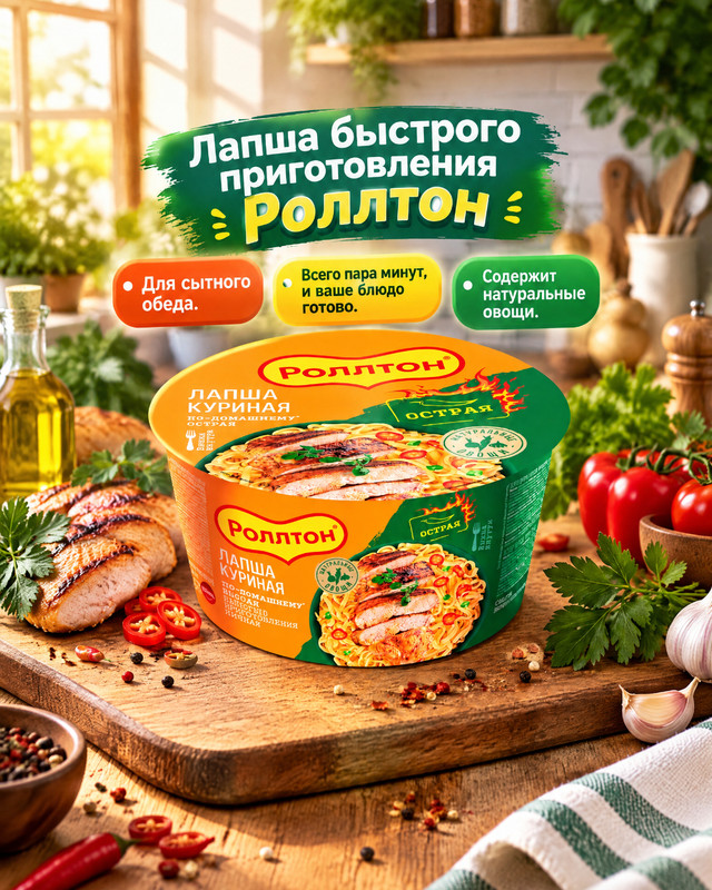 Лапша быстрого приготовления Острая, Роллтон 90г, в ассортименте